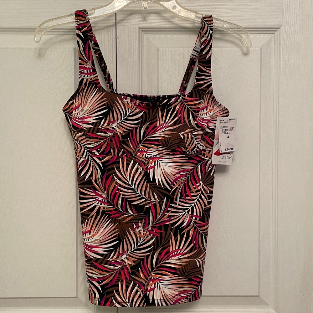 NWT $75 Lands’ End PALM Leaves Print Squareneck Tankini Swim Top Size 4 UPF 50